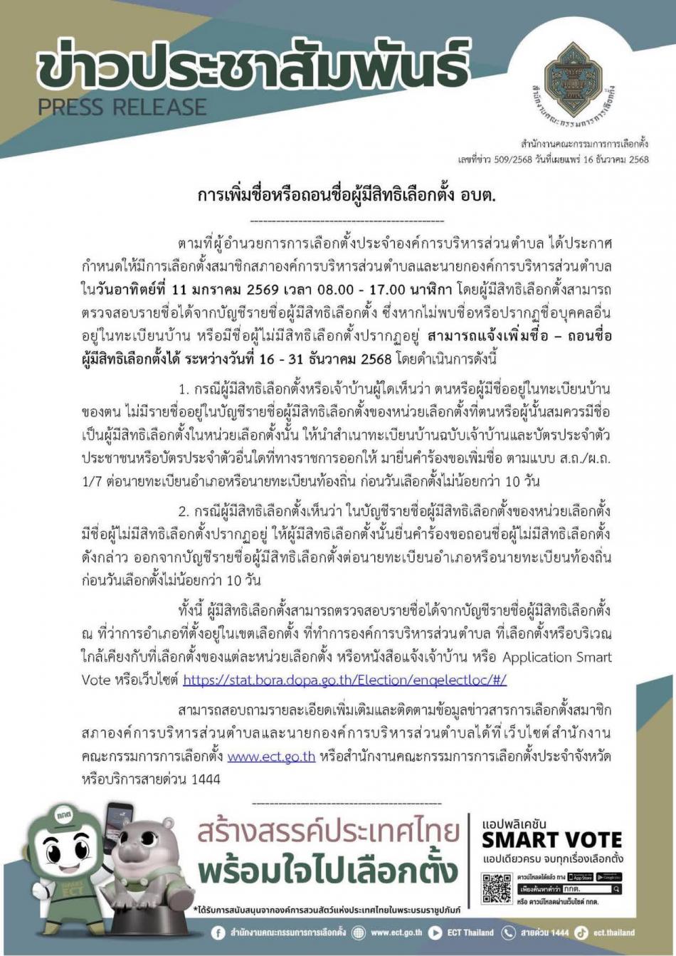 ประชาสัมพันธ์การเพิ่มชื่อหรือถอนชื่อผู้มีสิทธิเลือกตั้ง อบต.